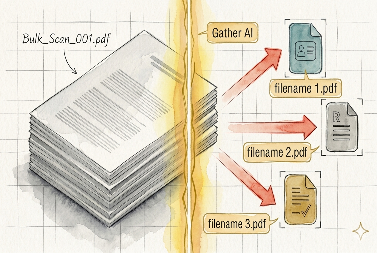 Gather AI parsing a bulk document bundle: a single PDF stack is split into individually named artifacts — filename 1.pdf, filename 2.pdf, filename 3.pdf — each identified and labeled by document type