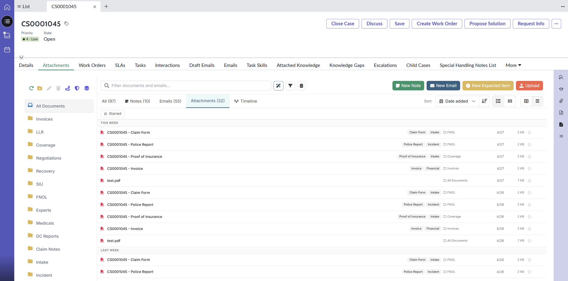 Lore attachments view inside ServiceNow — documents organized, categorized, and tagged by document type