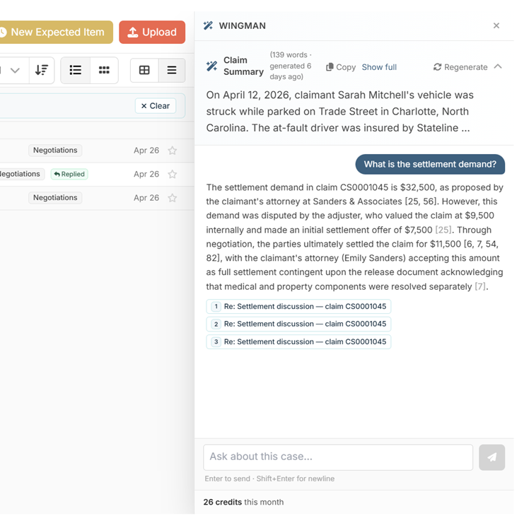 Wingman panel open inside Lore — AI-powered Q&A with cited answers drawn from the full case record